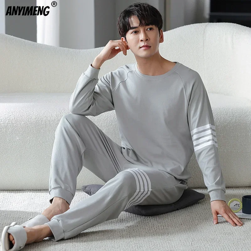 5xl 6xl Plus Size Big Pajamas Set Fat Man Long Sleeved Pullover Sporty Home Suits Knitted Cotton Sleepwear Father\'s Pyjama Homme