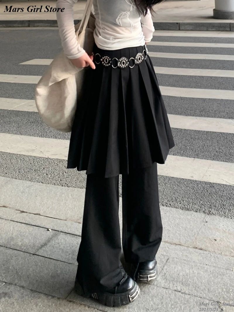 

Y2K Aesthetic E-girl Loose Stacked Wide Leg Pants Skirt Women Retro High Waist A-Line Pleated Skirt Goth Punk Grunge Streetwear