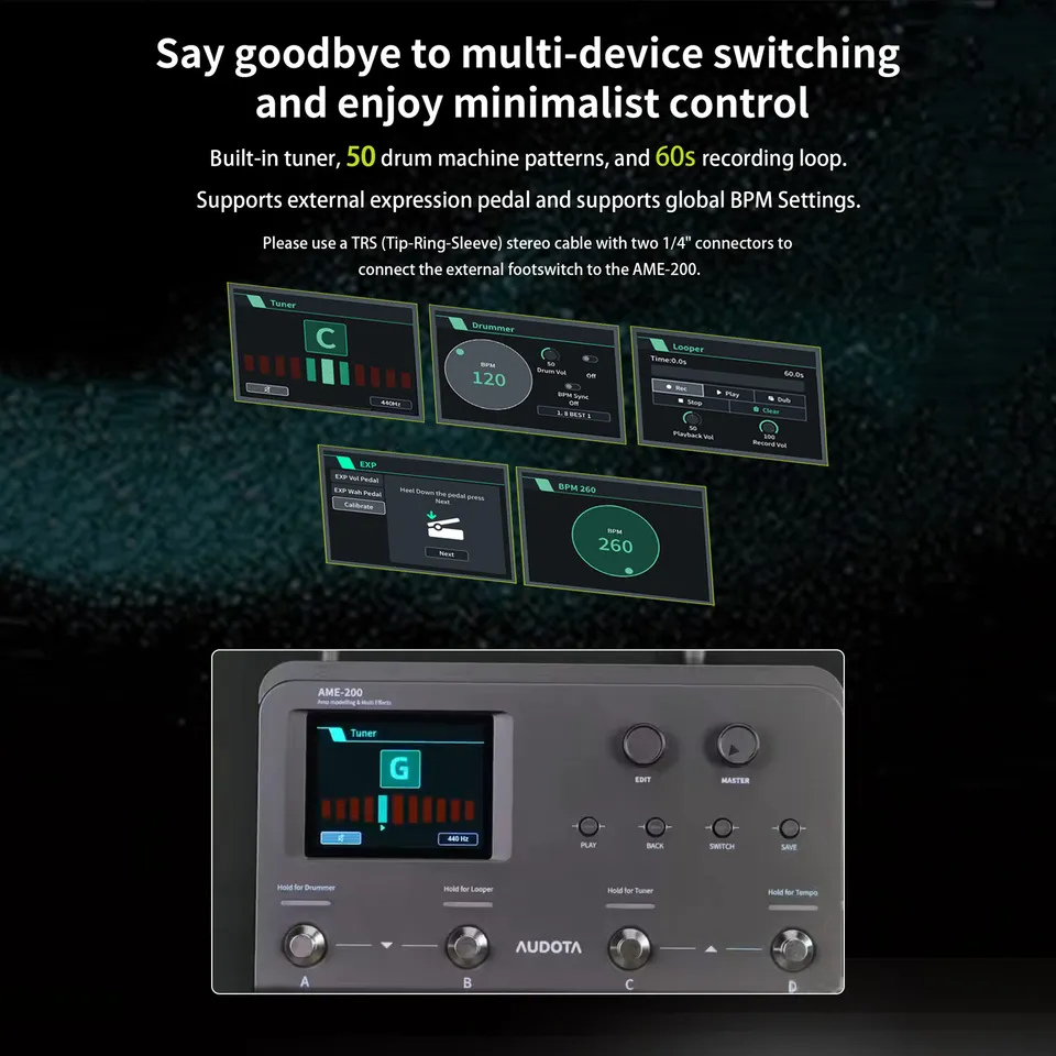 AUDOTA AME-200 Pro ギターマルチエフェクター Audota Ame-200 Pro Guitar Processor with Built-In Tuner, 50 Drums