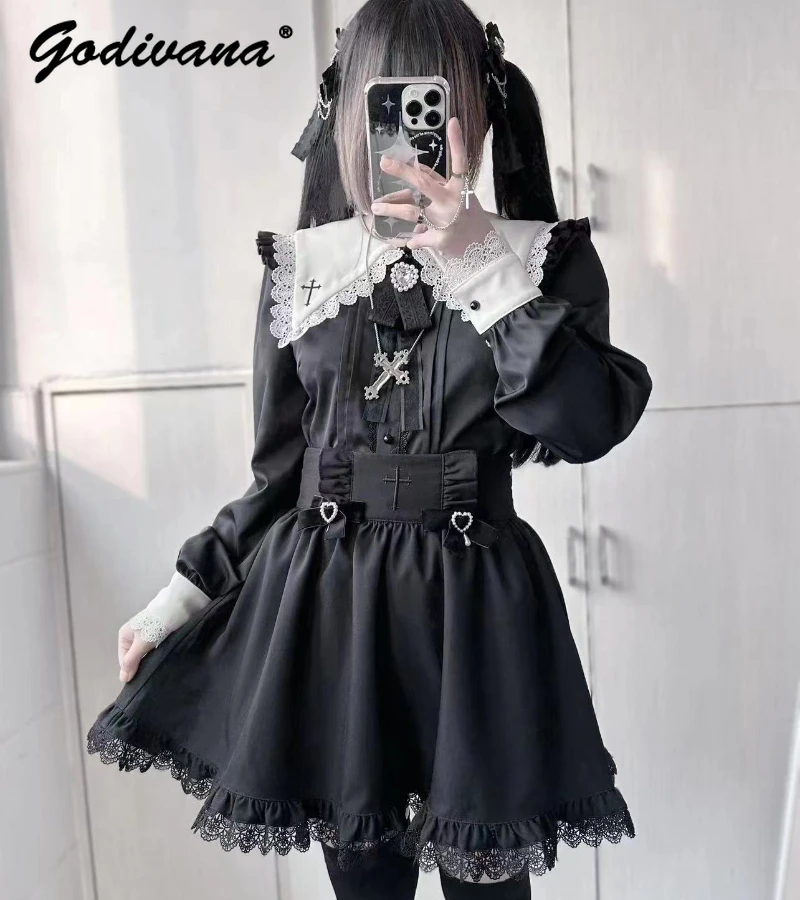 Japanese Lolita Female Girls Cute Lace Lapel Cross Black and White Shirt Long Sleeve Blouse All-match High Waist Skirt Outfits