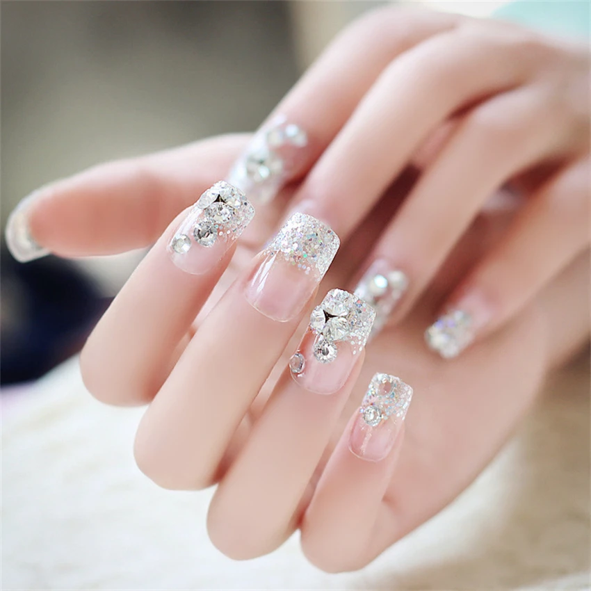 24Pcs/Set Aurora Diamonds Removable Design Fake Nails Full Coverage Powder Short Press on Nail Removable Wearing False Nails Art