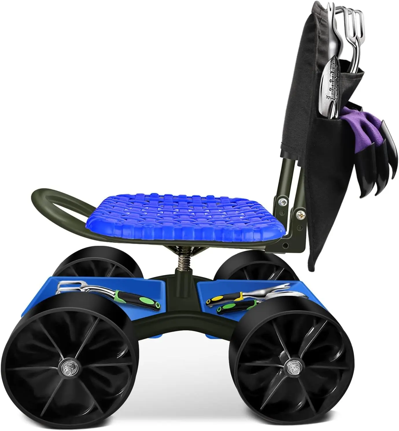 

Garden Cart Rolling Stool with Four Wheels and Tool Bag Stable Workseat Sturdy Carts Adjustable Seat Height and Direction Garden