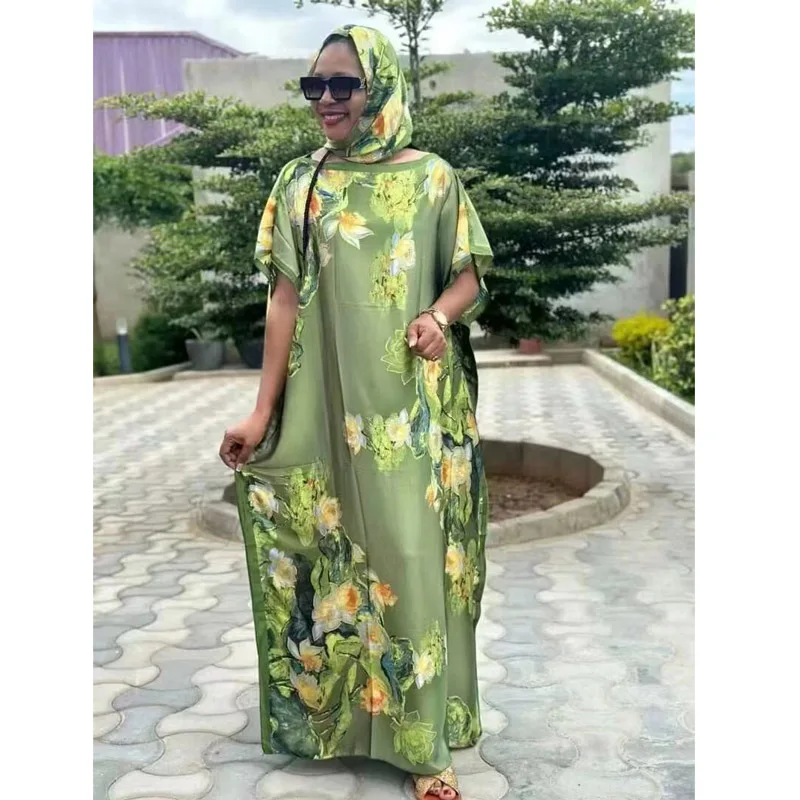 New Rayon Fashion Oversize African Women Clothing Dubai Dashiki Abaya Free Size Print Design With Scarf Loose Long Dress