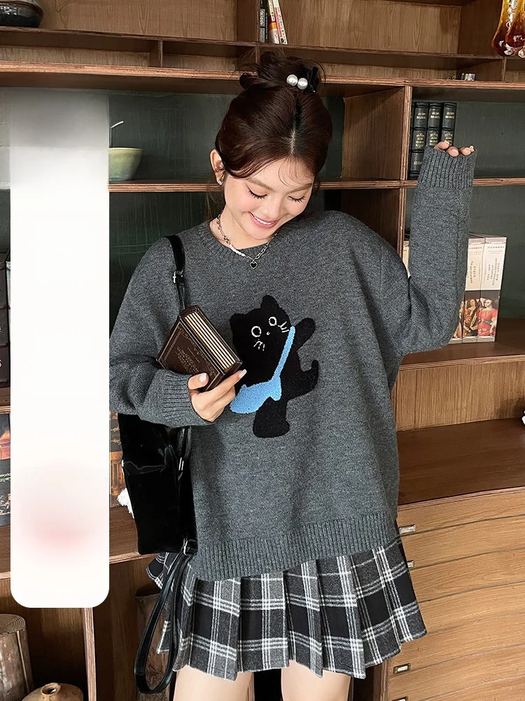

Winter Outfit Set Large Size Women's ey Miu System Sweater Plaid Skirt Two Piece Set Korean Sle Loose Fit Soft Knitwear