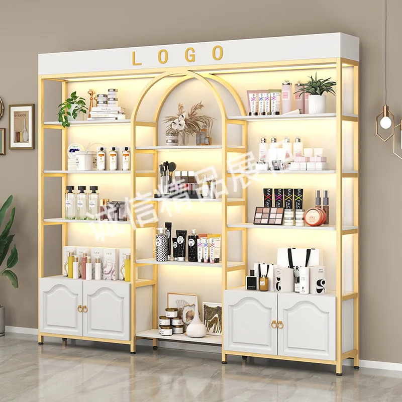 

custom. [5569 People Favorited] Beauty Salon Display Cabinet Cosmetics Makeup Skincare Products with Lights Nail Salon Shelf