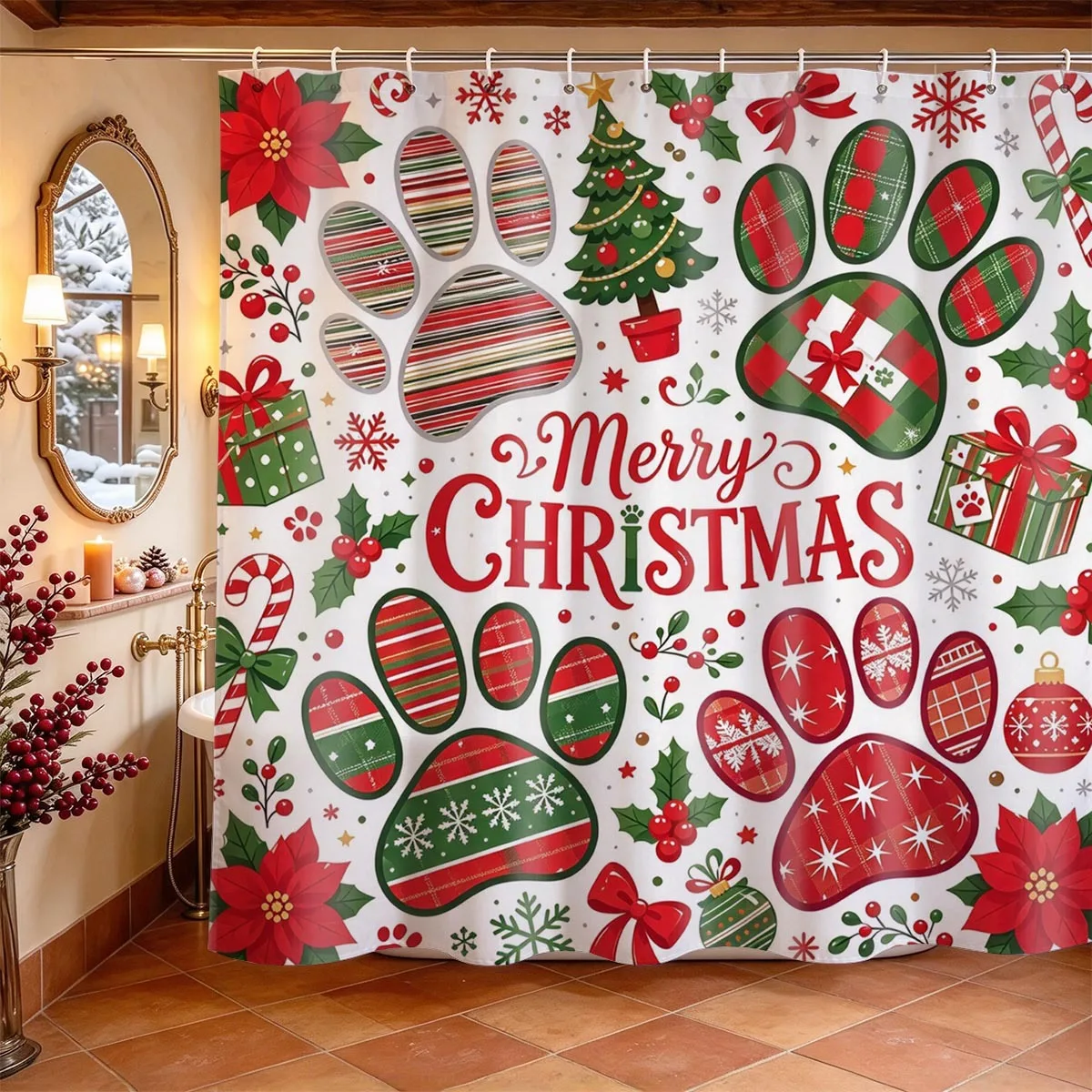 Merry Christmas Shower Curtain Candy Christmas Tree Flowers Print Curtain Waterproof Durable Bathroom Home Decor New Year Gift