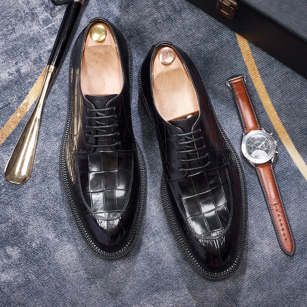 Men's Leather Shoes British Style Black Genuine Cowhide Crocodile Pattern Formal Derby Shoes Thick Sole Height Increase Shoes view 4