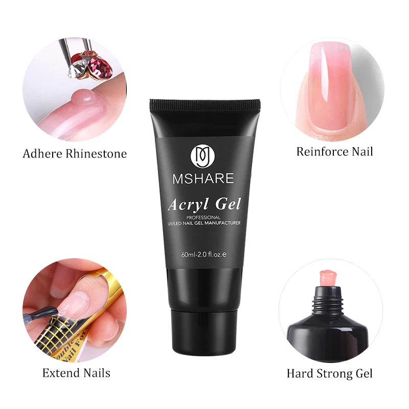 MSHARE Poligel acrílico 60ml, gel constructor UV LED para extensiones de uñas, acrílico rosa, blanco, transparente, libre de HEMA y TPO 5