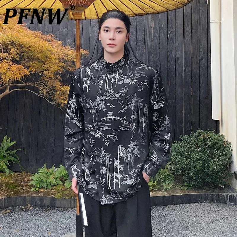 

PFNW New Chinese Style Men's Shirts Stand Collar Jacquard Knot Button Long Sleeve Male Tops Single Breasted Printing 2024 9C5405