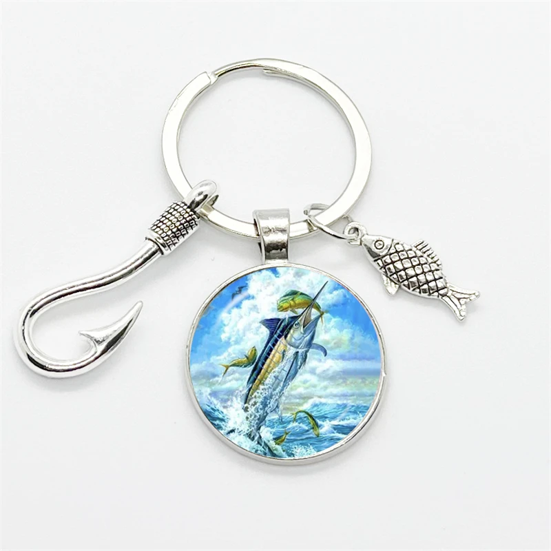 Fashion Fishing Master Keychain Fish Hook Keychain Glass Dome Keychain Fisherman I Love Fishing Fish Pendant Gift