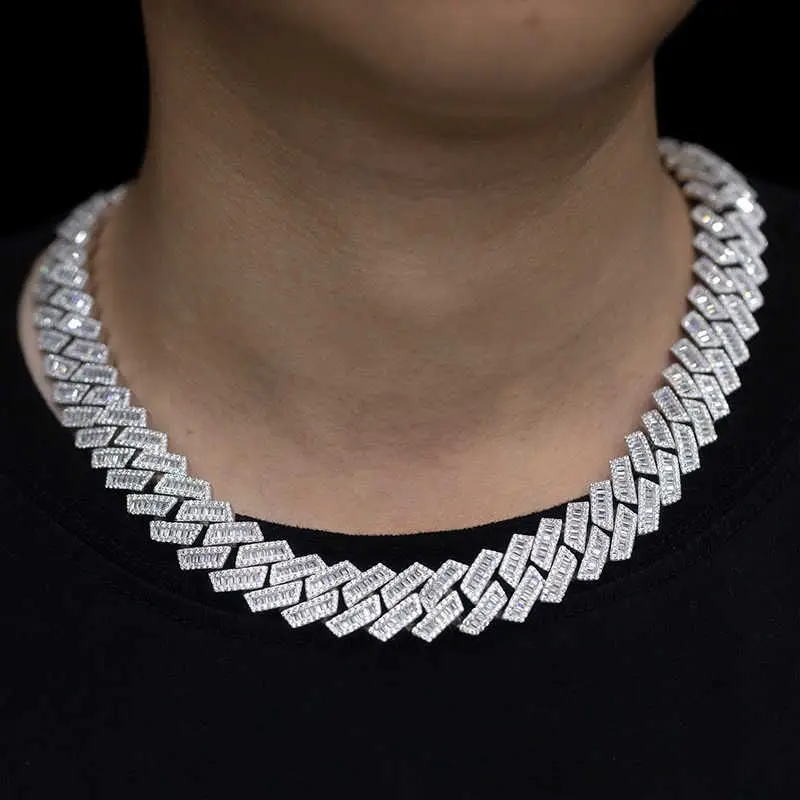 15mm Vvs Moissanite Cuban Link Chain Necklace Custom Iced Baguette Straight Line Cuban Chain Hip Hop 925 Silver Jewelry