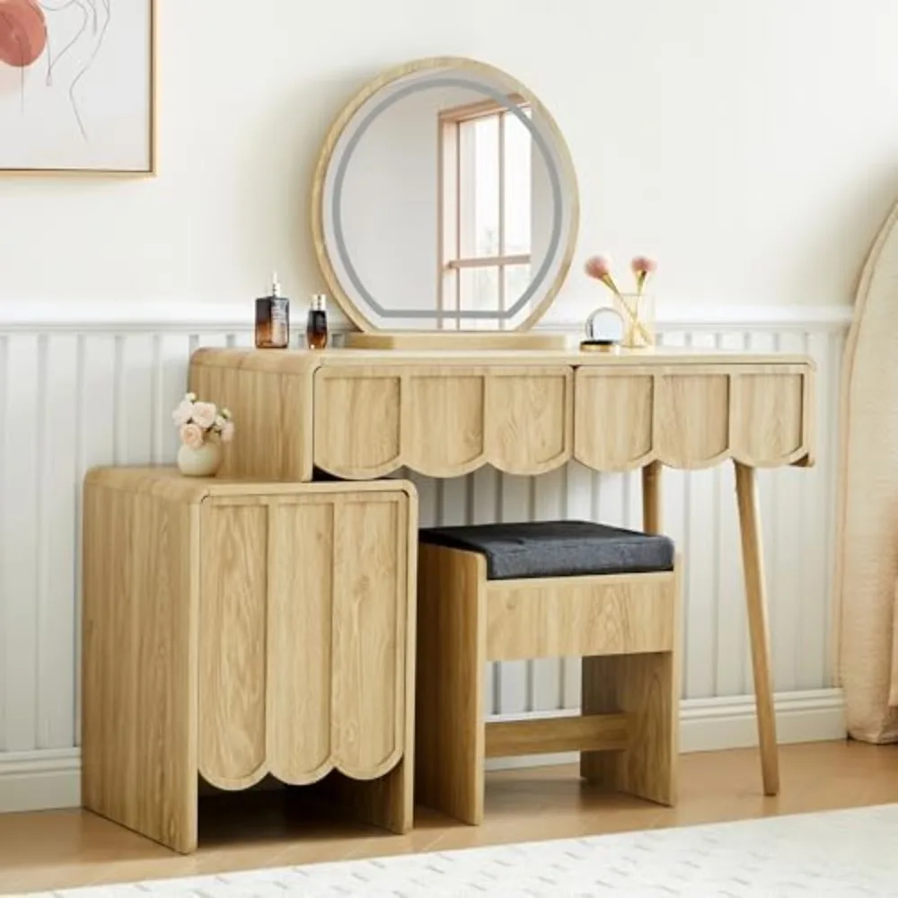 Vanity Desk with Mirror and Lights, Modern Wood Wave Panel Vanity Desk Set Makeup Table with Drawers and Cabinet