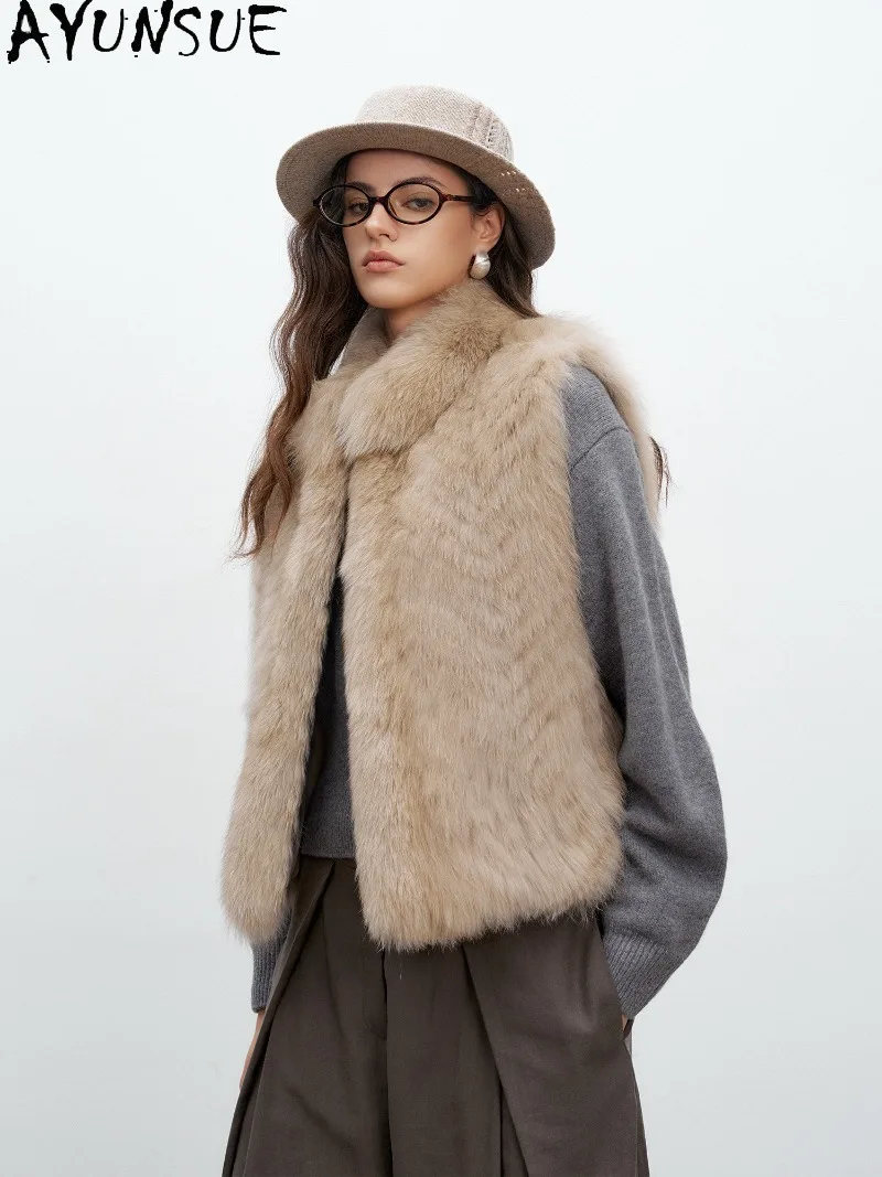 AYUNSUE Whole Skin Striped Fox Fur Vest Womens Autumn Winter Clothing Short Length Slim Fit Clothes New Style Fashion Fur Coat