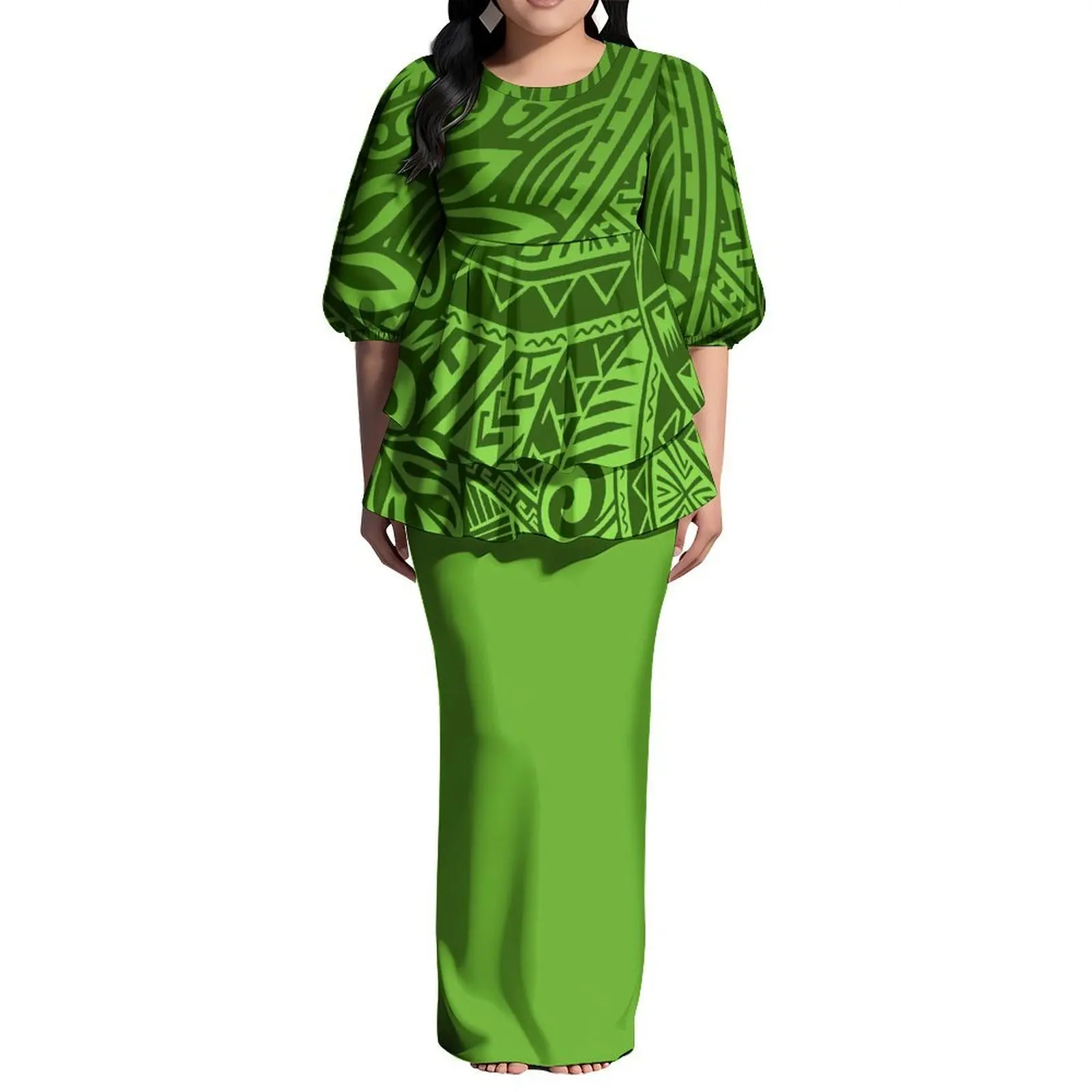 

Puletasi Suit Dress A Custom-Made Polynesian Women'S Dress Designed By The Tribe With Puffed Sleeves Round Neck And Double Hem