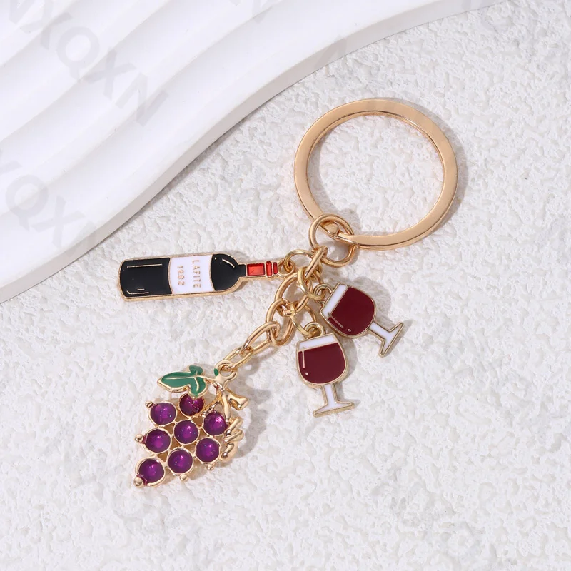 Cute Grape Red Wine Enamel Keychain Party Drink Classic Key Ring For Wine-lover Friendship Gift Handmade Jewelry Set