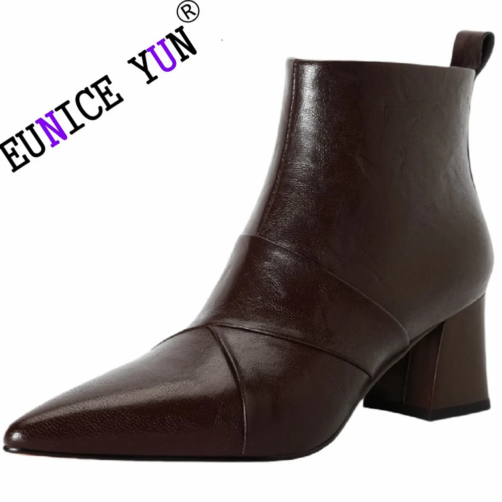 

【EUNICE YUN】Simple Boots Office Ladies Elegant Pumps Winter Shoes Cow Leather Zipper High Heels Women Ankle Boots Retro Style