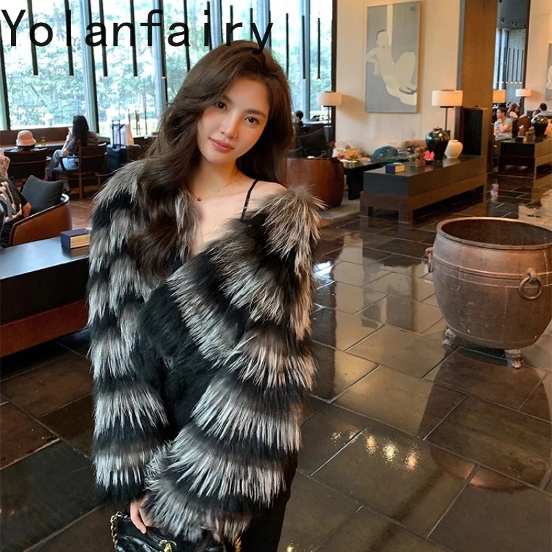 욜란페어리 천연 실버 폭스 코트 여성용 따뜻한 고급 라운드 칼라 출퇴근용 짧은 리얼 실버 폭스 퍼 코트 여성 2025