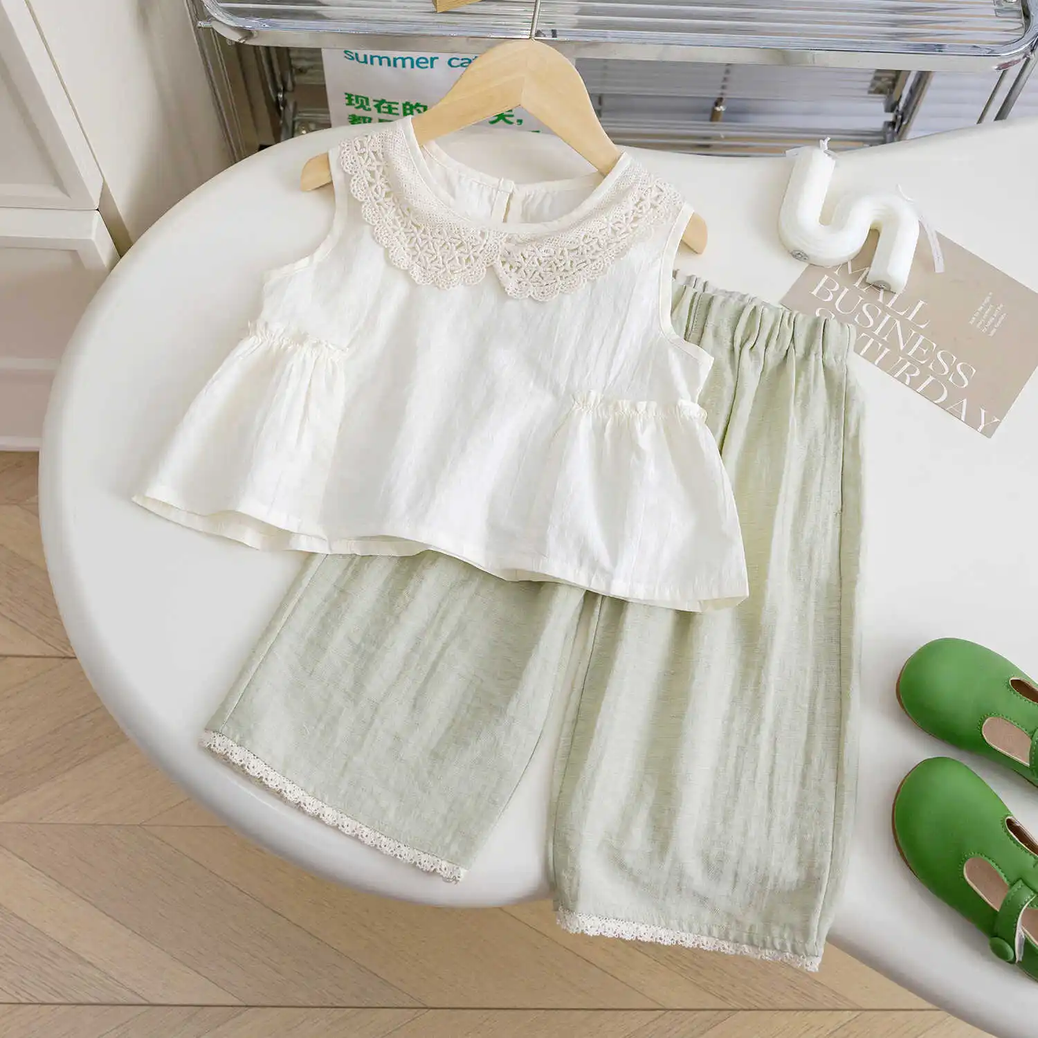 Girls' Lace Round Neck Tank Top Loose Wide Leg Pants Two Piece Set Children's Casual Sleeveless Top Baby Girls Summer Set