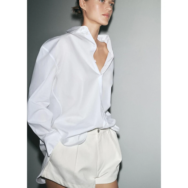 Sommer Neue Damen Asymmetrischer Saum Lange Sve Lose Baumwolle Antung Irt Kragen UV-Schutz Regular Fit Reine Farbe