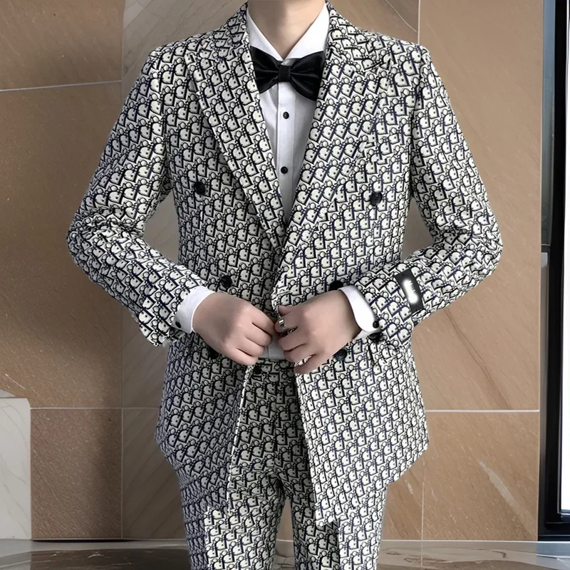 Printed Letter Men Suits Slim Fit Double Breasted Groom Tuxedos For Wedding 2 Pcs Male Fashion Costume Jacket With Pants 2024