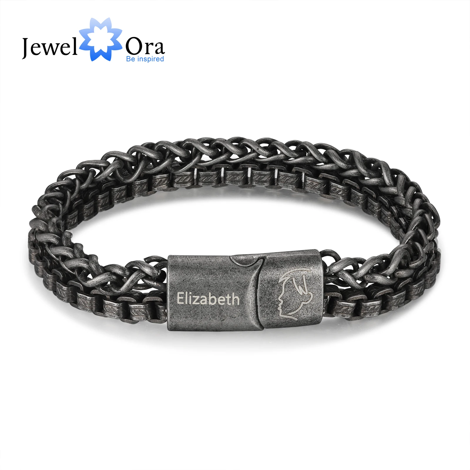 

Personalized Name Engraving Double Link Chain Bracelet Vintage Style Stainless Steel Mens Bracelet Gift for Him Fathers Day Gift