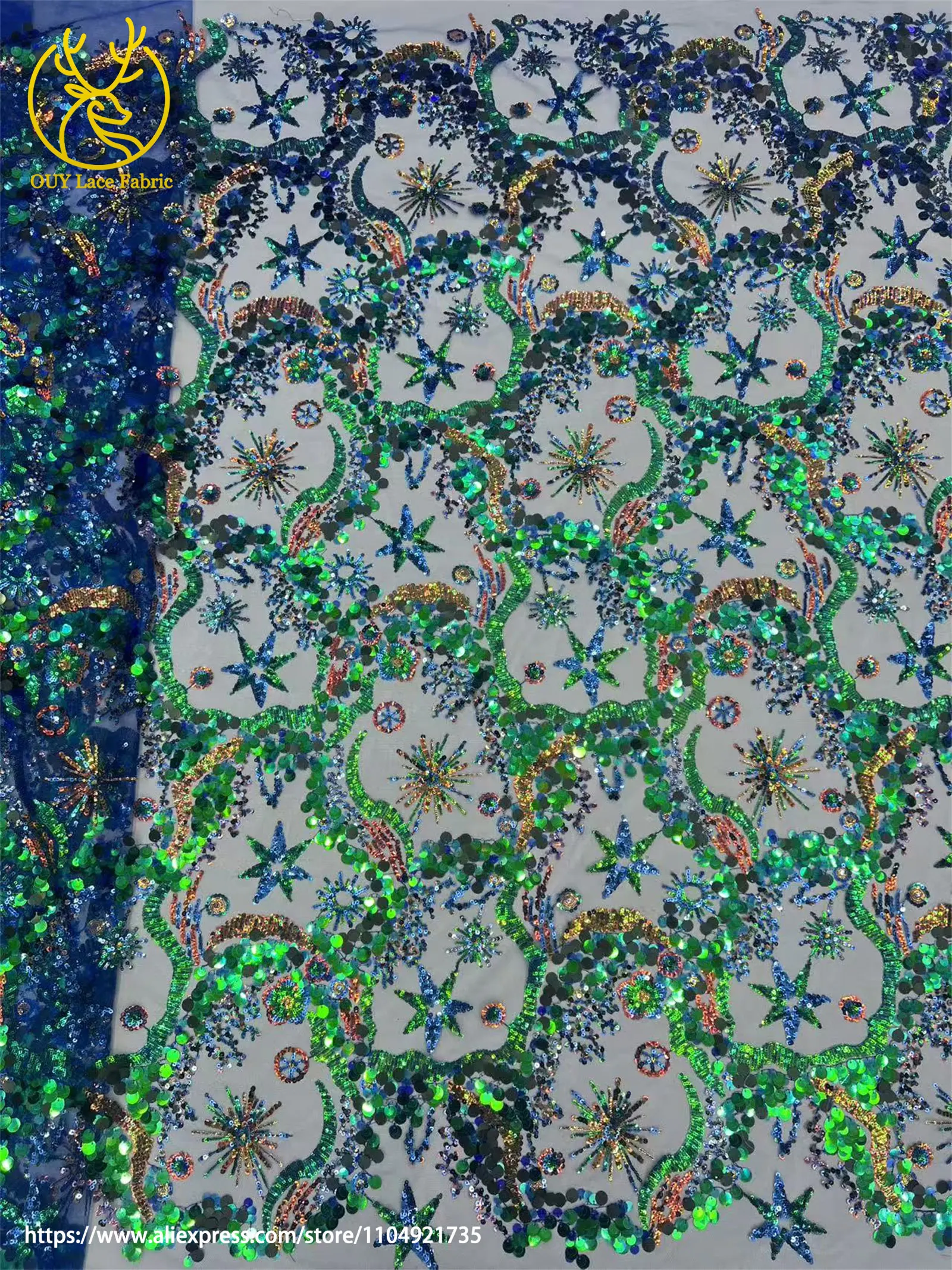 Hochwertiger afrikanischer nigerianischer bunter Pailletten-Stickerei-Spitzenstoff, zartes Kleid, Nähen, Brautparty, Dinnerparty, Hochzeit – Detail 8