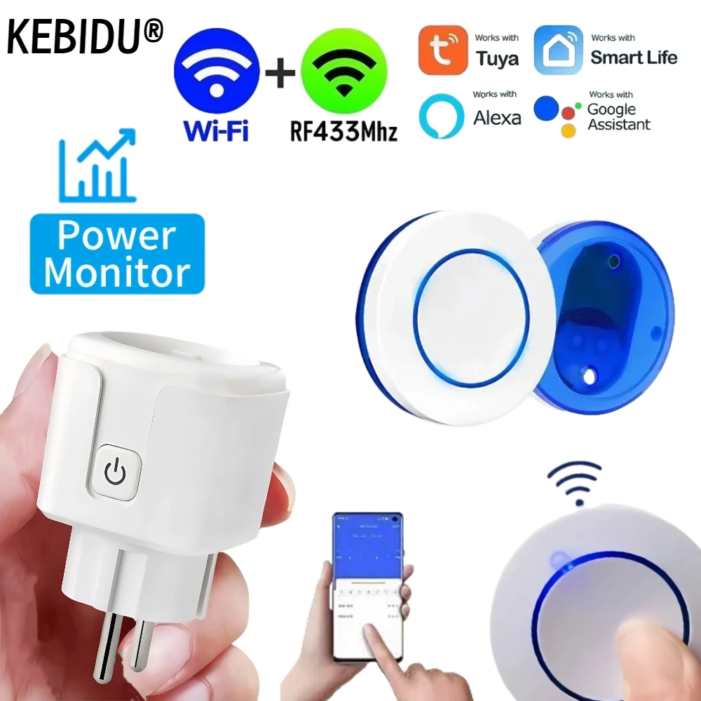Tuya WiFi 433mhz RF Smart Socket 16A EU FR Plug with Power Monitoring Power State Memory Smart Outlet For Alexa Google Home