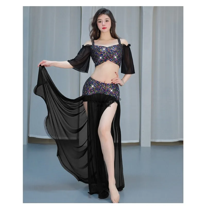 

Комплект костюмов для танца живота, сексуальный сетчатый костюм премиум-класса с блестками, экзотический костюм для восточного танца, профессиональный женский шарф из кабаре