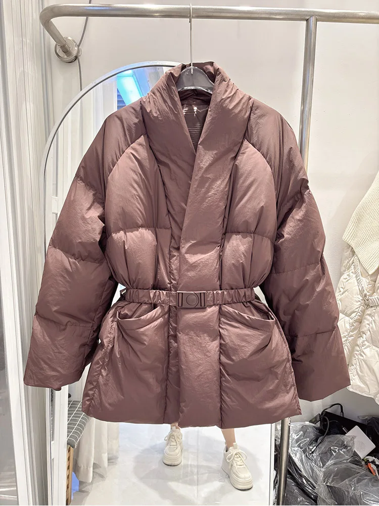 冬の新作 V ネックダウンジャケット女性のファッション通勤気質スリムフィットハイエンドミッドレングスホワイトダックダウンジャケット