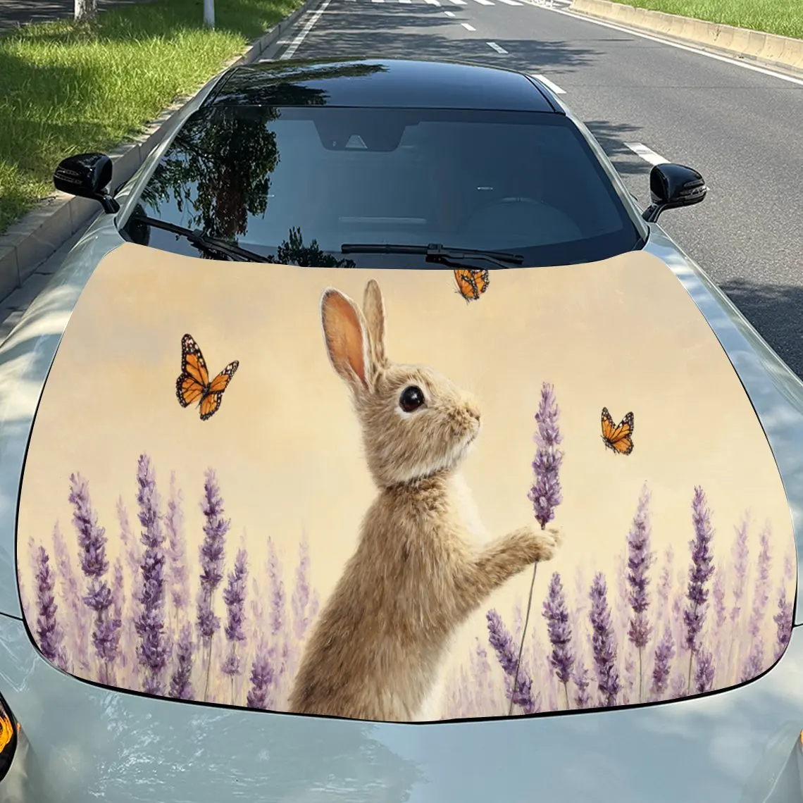 

Artistic Bunny in a Butterfly - Kissed Lavender Scene PVC Car Engine Hood Vinyl Wraps, Self-Adhesive Waterproof Car Hood Decal S