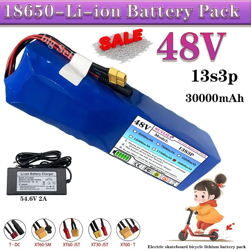 

48V 30Ah 13S3P XT-60 + DC 18650 Rechargeable Lithium-ion Battery Pack Built-in BMS Circuit Protection Board