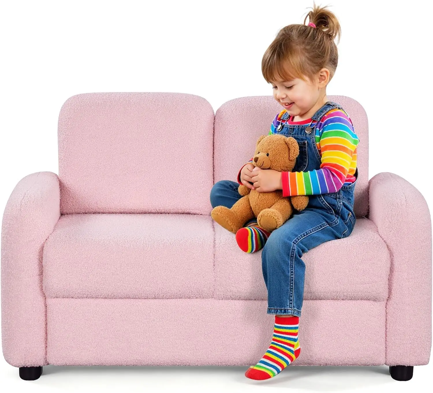 

Детский розовый диван, кресло для малышей с подлокотниками, обивка из плюша «Тедди» и прочный деревянный каркас, двухместный детский диван