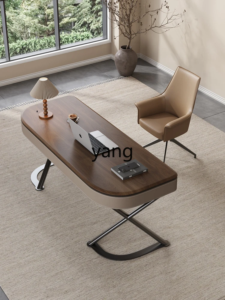 Yjq High-End Solid Wood Desk Light Luxury Modern Minimalist Saddle Leather Home Study and Bedroom Office Computer Desk