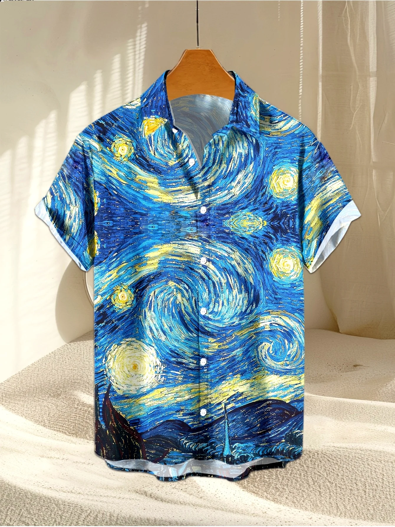 Beach Shirts Classic Van Gogh Starry Night Impressionist Art Printed Relaxed Daily Short Sleeve Button Lapel Tops Men Clothes