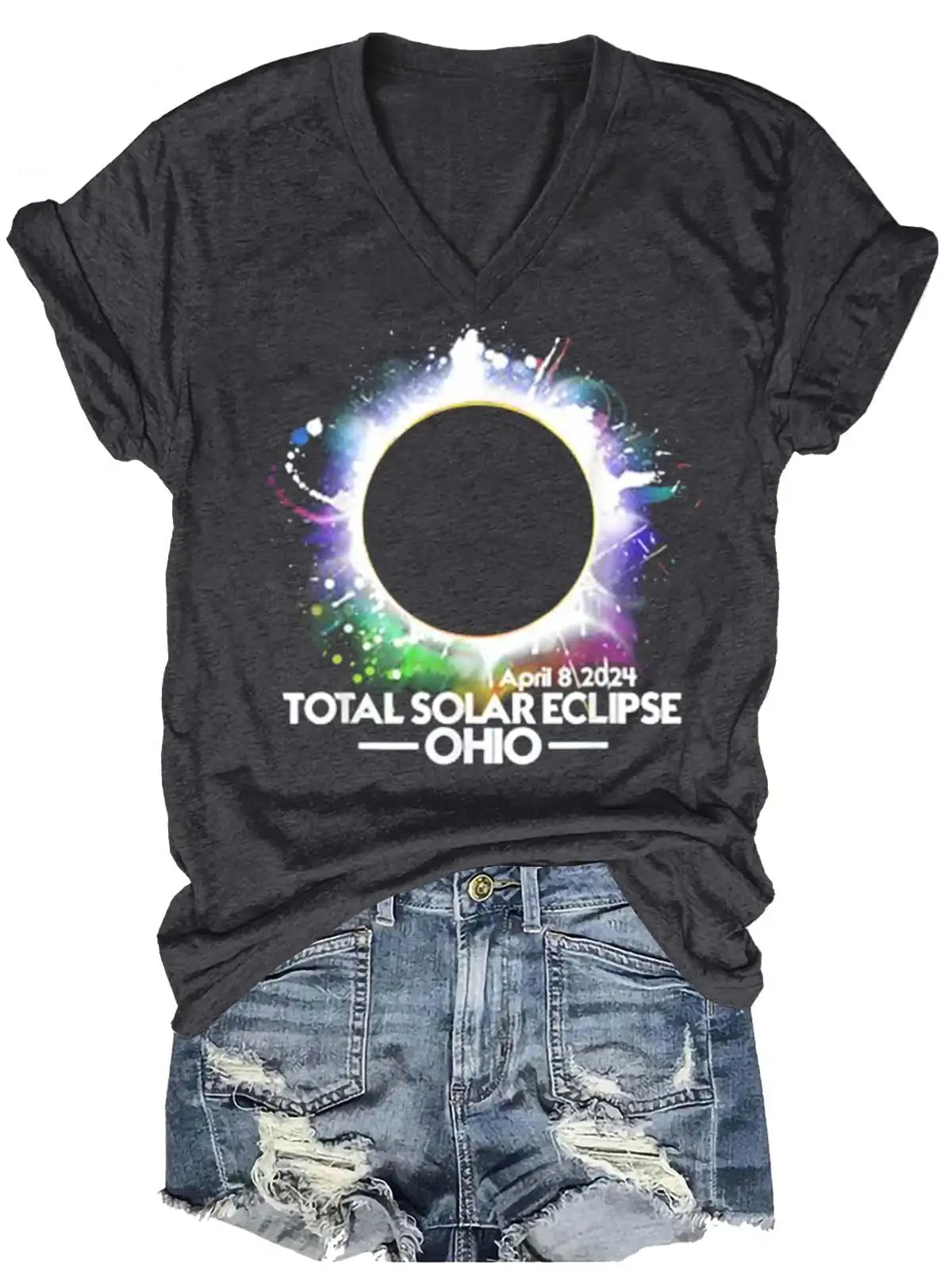 Tarot Card Total Solar Eclipse Twice In A Lifetime Path Of Totality Eclipse Souvenir Gift Printed V-Neck Short Sleeve T-Shirt