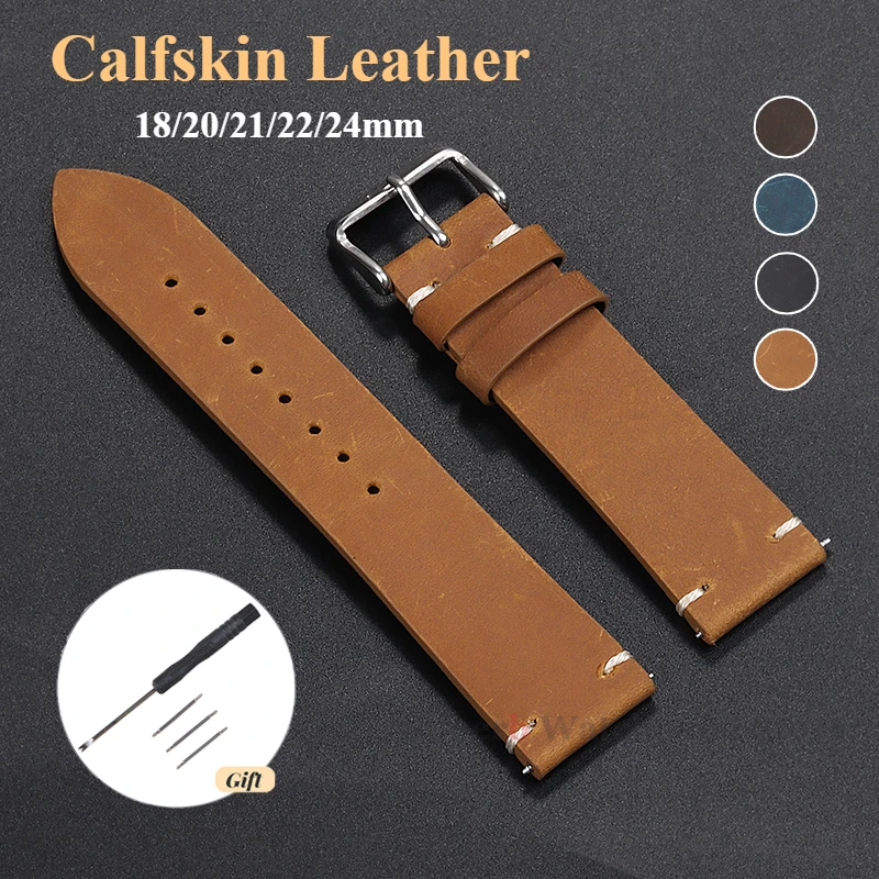 18mm 19mm 20mm 21mm 22mm Calfskin Leather Watch Strap for Samsung Vintage Cowhide Strap for Rolex Men Women Watch Accessories