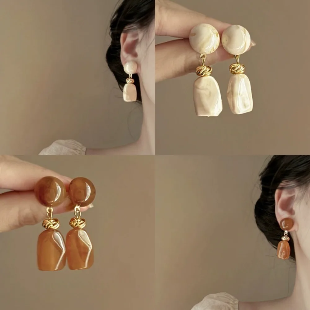 Retro Temperament Maillard Amber Color Irregular Geometry Rectangle Acrylic Dangle Earrings for Women Korean Designer Jewelry