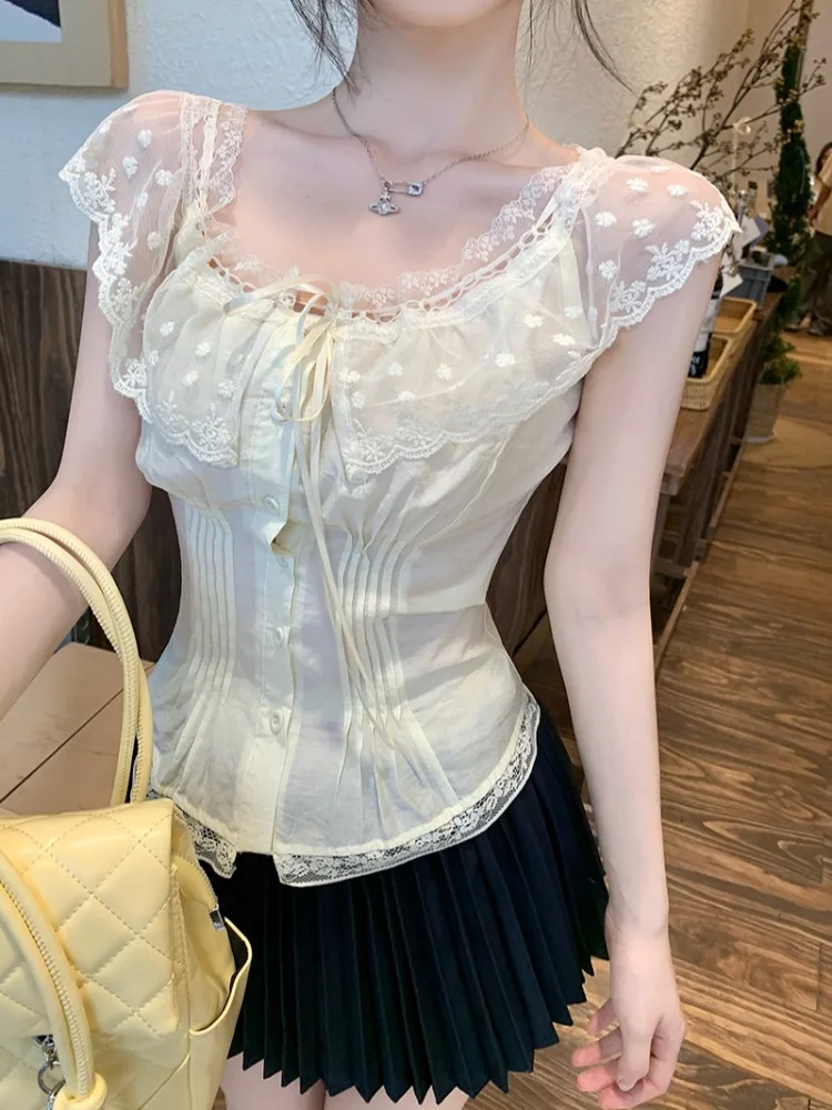 

Korean Style Sweet Lace Trim Short Sleeve Slim Fit Shoulder Design Women's Summer Shirt Spicy Girl Top Commute Fashion