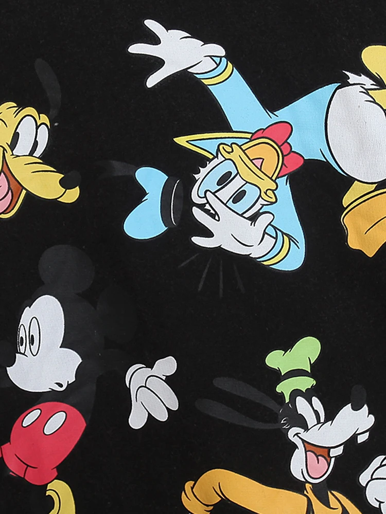 Disney Sweatshirt Retro Donald Duck Mickey Mouse Goofy Pluto Cartoon Print Women Long Sleeve O-Neck Jumper Tops Black Streetwear