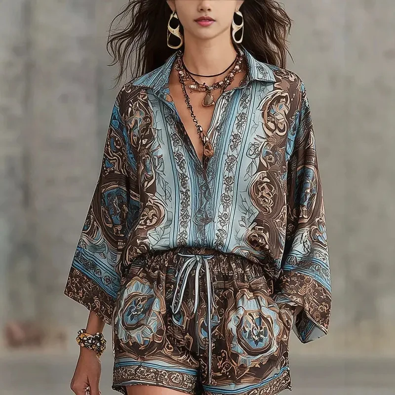 Boho Print 2 Piece Set for Women 3/4 Sleeve Shirt Top & Wide Leg Shorts Casual Loose Woman Matching Set Vacation Outfit