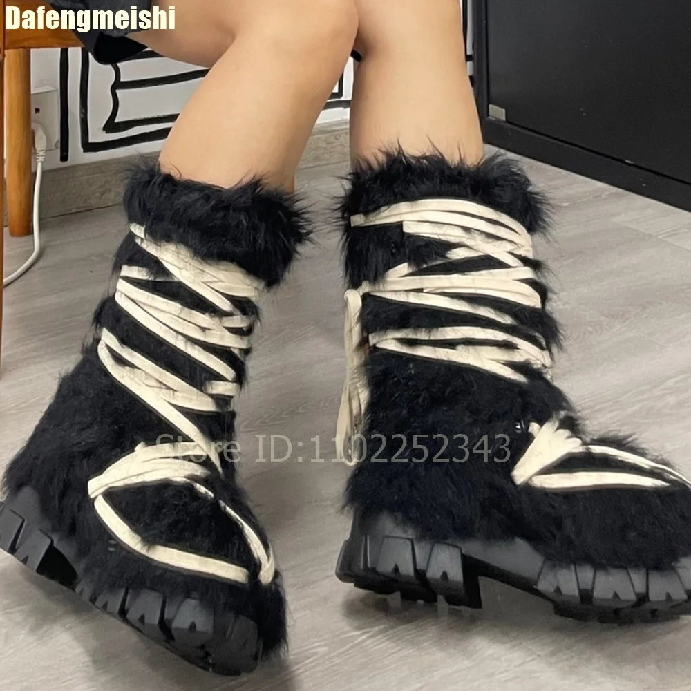 Cross Strap Fur Snow Boots 2026 Winter New Platform Wedges Knee-High Boots Lace-Up Fashion Large Size 46 Women/men Boots