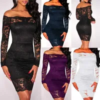 Sexy Lace Vestido Hueco Off-Shoulder Evening Dress Bodycon Skirt Euro-American Style Fashionable Hollow Out Nightclub Gown