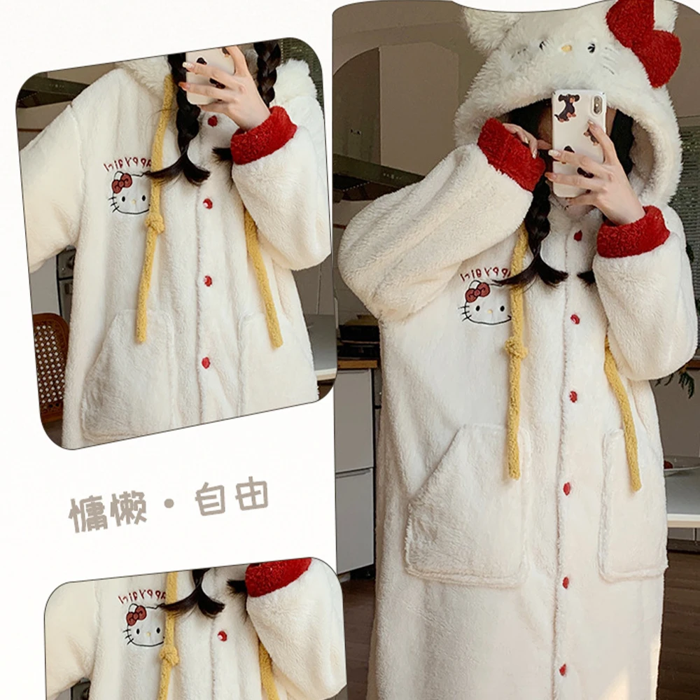 

Sanrio зимний плюшевый спальный халат, брючный костюм Kawaii Hello Kitty, женский теплый утолщенный коралловый бархатный пижамный комплект, студенческая домашняя одежда