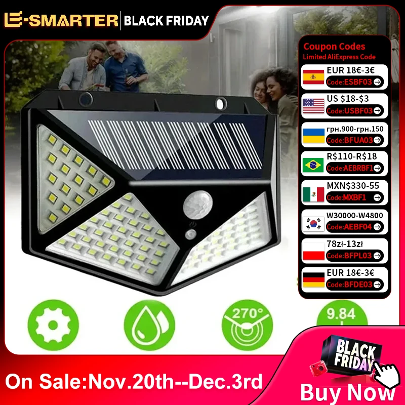 1/2/4/6Pcs 100 LED Wall Lights Outdoor Solar Lamp PIR Motion Sensor Solar Powered Sunlight Street Light for Garden Decoration