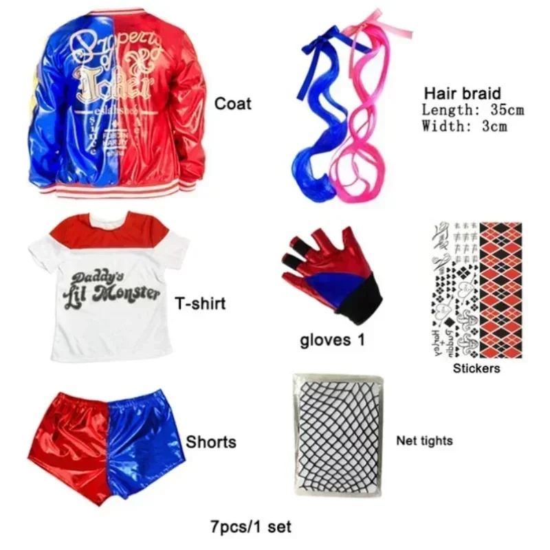 Carnaval crianças meninas suicídio harley cosplay trajes esquadrão quinn monstro coringa jaqueta terno tatuagem adesivos calças conjunto