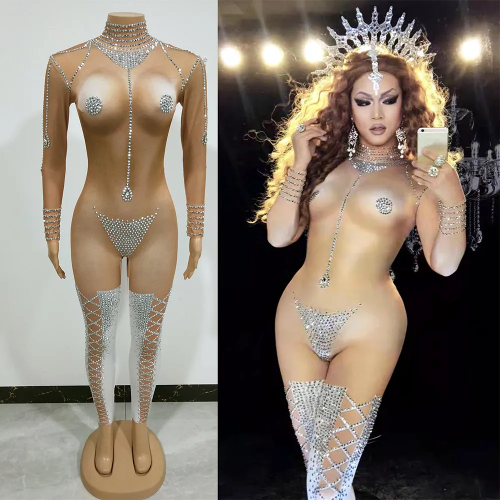 

Сексуальный облегающий комбинезон с длинными рукавами и стразами для танцев на пилоне, сценический костюм для женщин, для клуба, карнавала, вечеринки, рейва