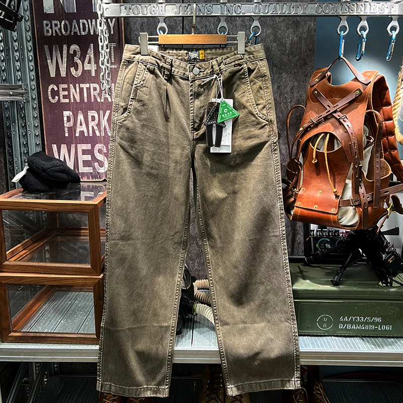 

Покрашенные в индиго премиум-класса Amekaji, повседневные джинсы в американском стиле ретро, потертые винтажные свободные прямые мужские брюки для рабочей одежды, брюки