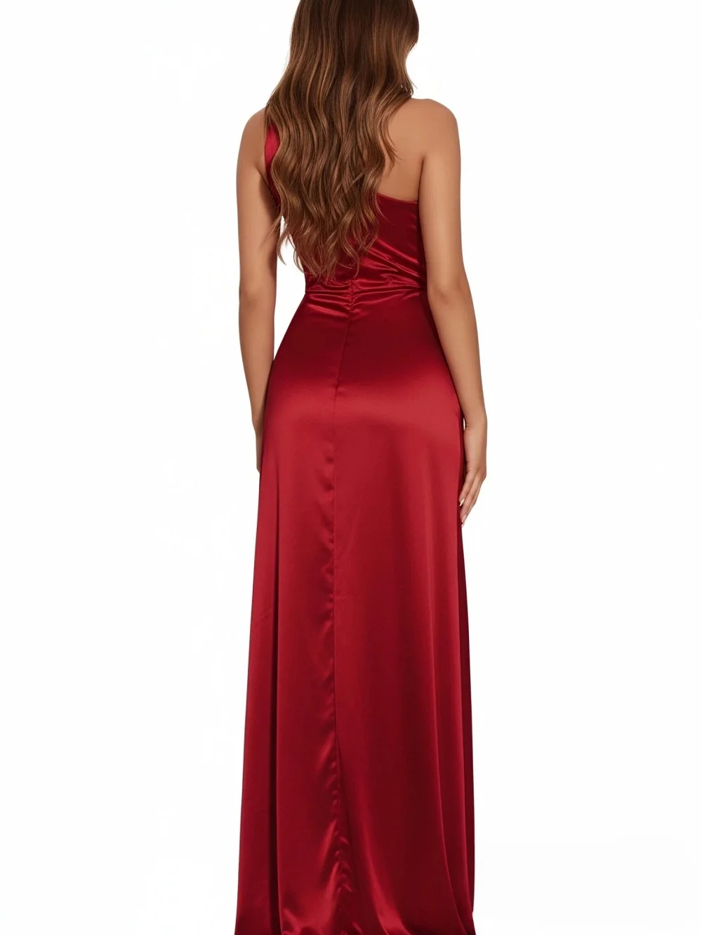 Vestido largo de satén con un hombro para mujer, color rojo vino, fruncido, ajustado, con abertura larga, para invitados de boda, fiesta de banquete