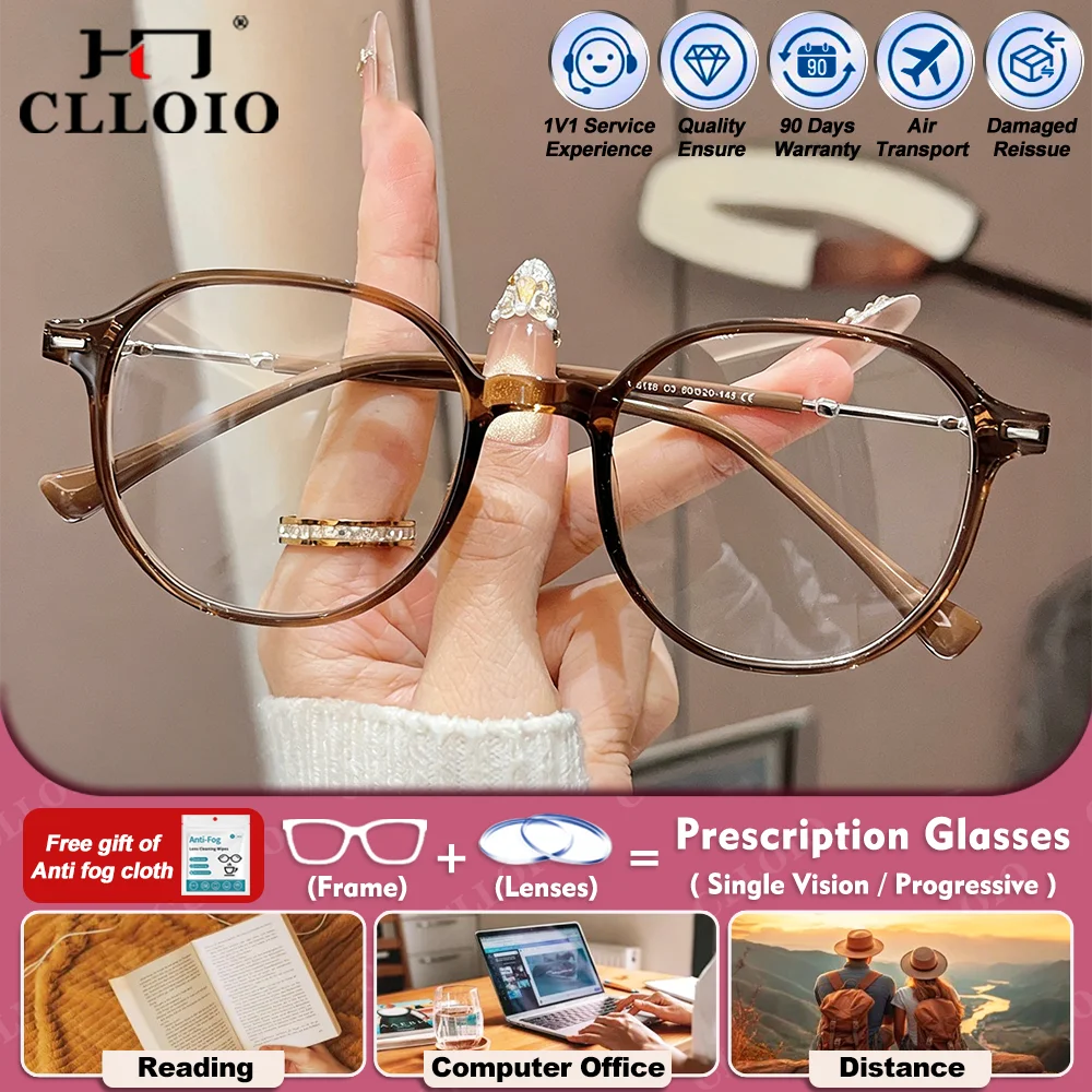 

CLLOIO Women Skinny Face Polygon Small Frame Design Myopia Glasses Blue Light Filter Progressive Prescription Optical Eyeglasses