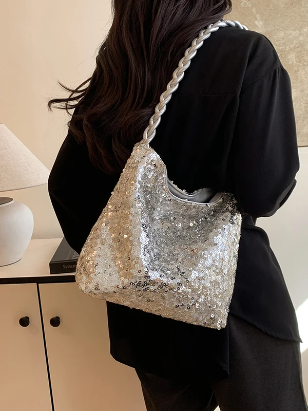 

Trendy Sequin Large Capaci Women's Tote Bag Spring Summer New Faion Single oulder Handheld PU Soft Surface Pure Color